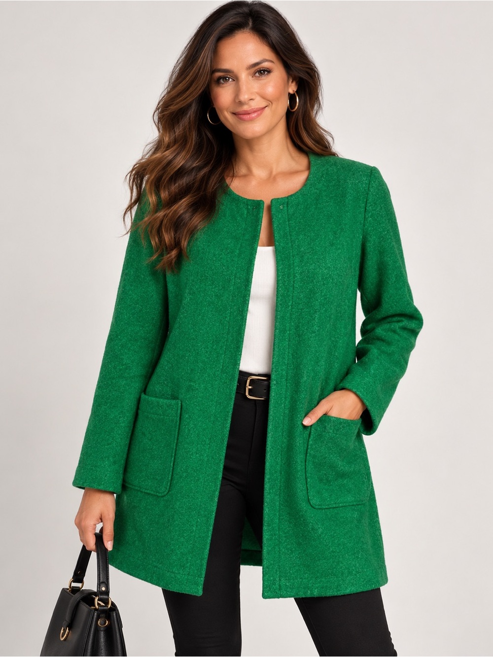 Max Studio Kelly Green Wool Blend Full Zip Collarless Coat Jacket, Pea Coat L